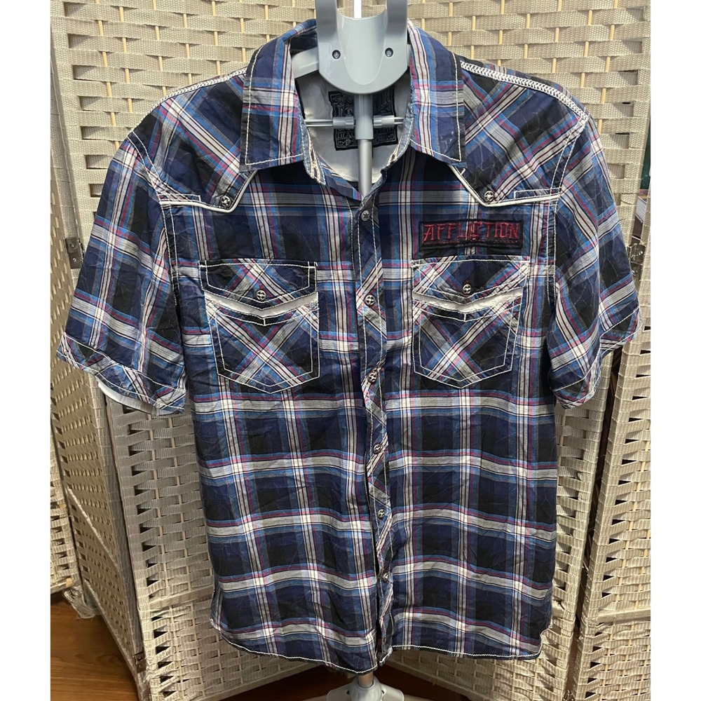 Affliction Black Premium Mens XL Slim Fit Plaid Western Snap Shirt Blue